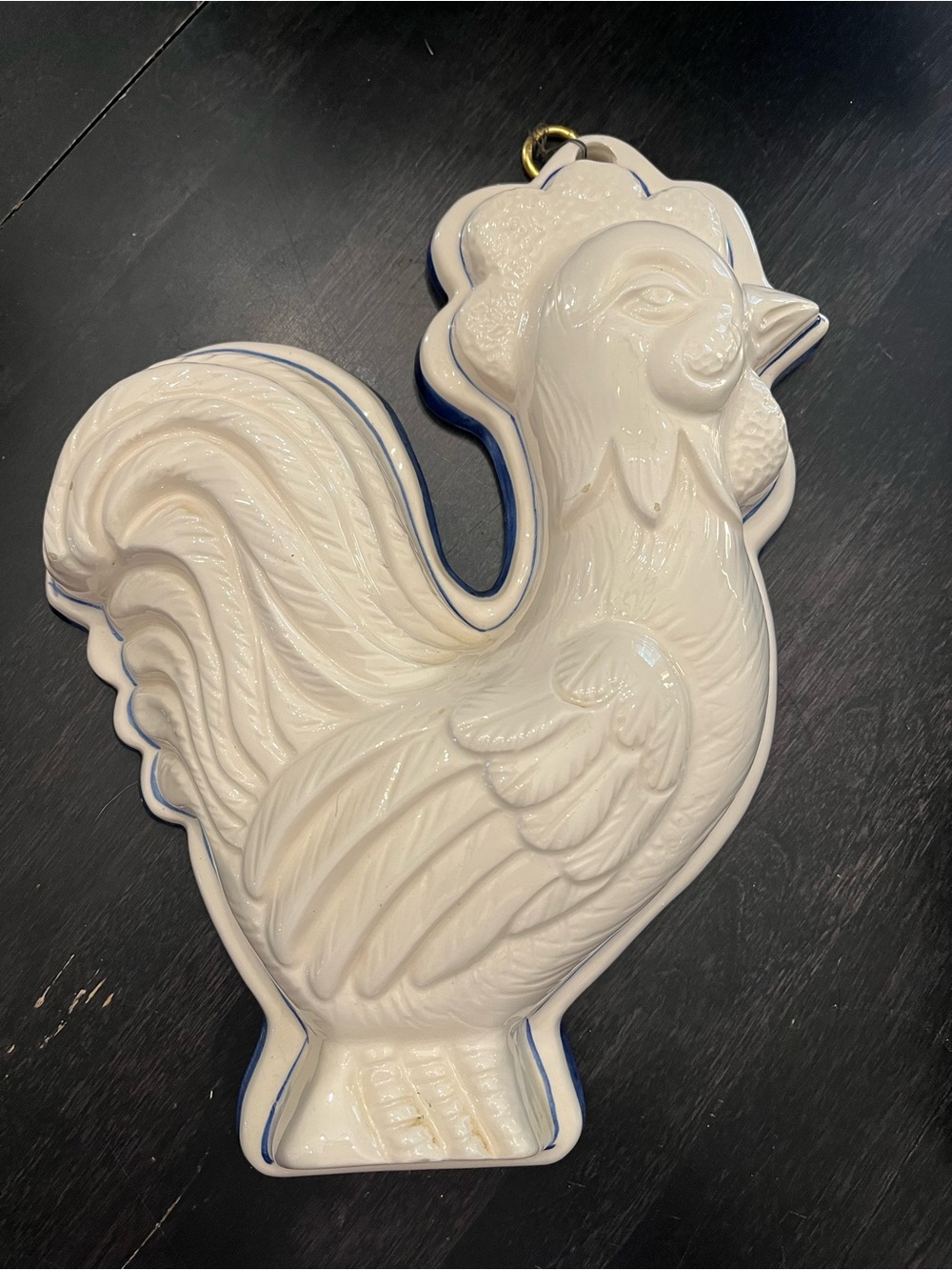 White Ceramic Rooster Wall Decor with Blue Trim